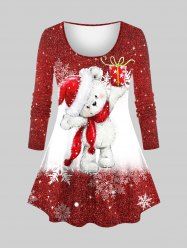 Plus Size Glitter Sparkling Christmas Hat Bear Snowflake Gift Box Sequins Print Long Sleeves T-shirt - Rouge 5X