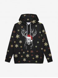 Gothic Christmas Hat Snowflake Elk Print Pocket Drawstring Pullover Fleece Lining Long Sleeves Hoodie For Men -  