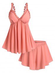 Plus Size Ruffles Ruched Low Cut Solid Pajama Shorts Set -  
