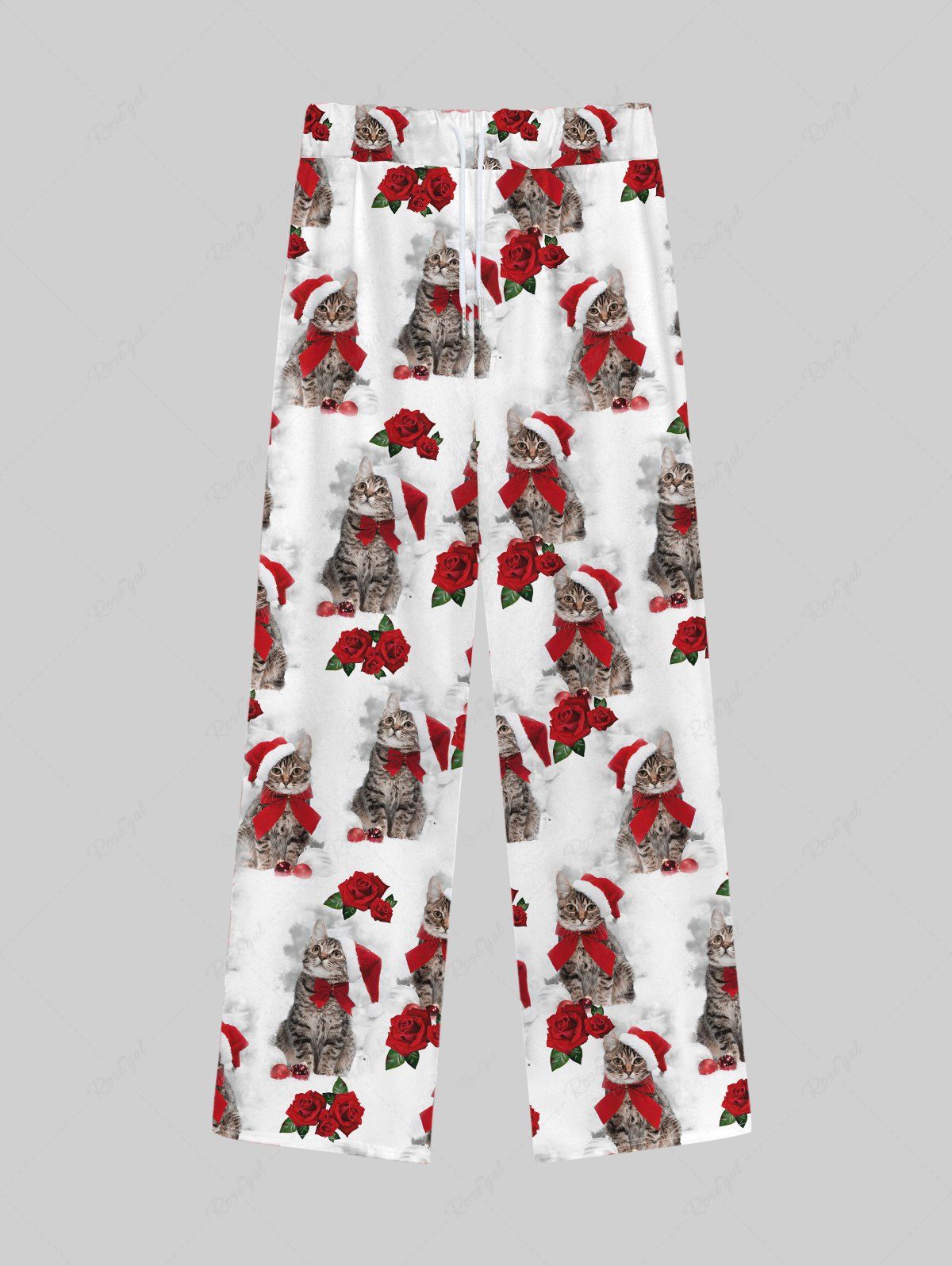 Fancy Gothic Christmas Hat Bowknot Cats Rose Flower Print Wide Leg Drawstring Sweatpants For Men  