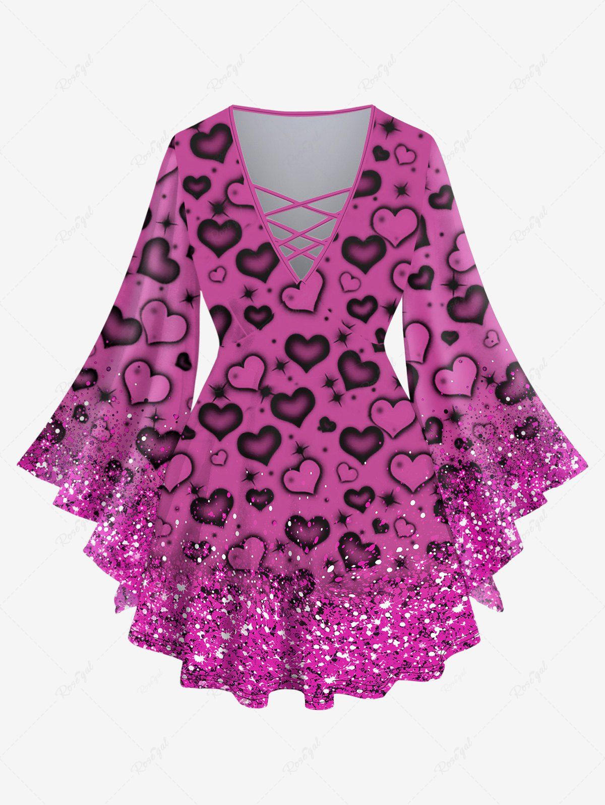 Outfits Plus Size Heart Sparkling Sequin Glitter 3D Print Lattice Crisscross Flare Sleeve Top  