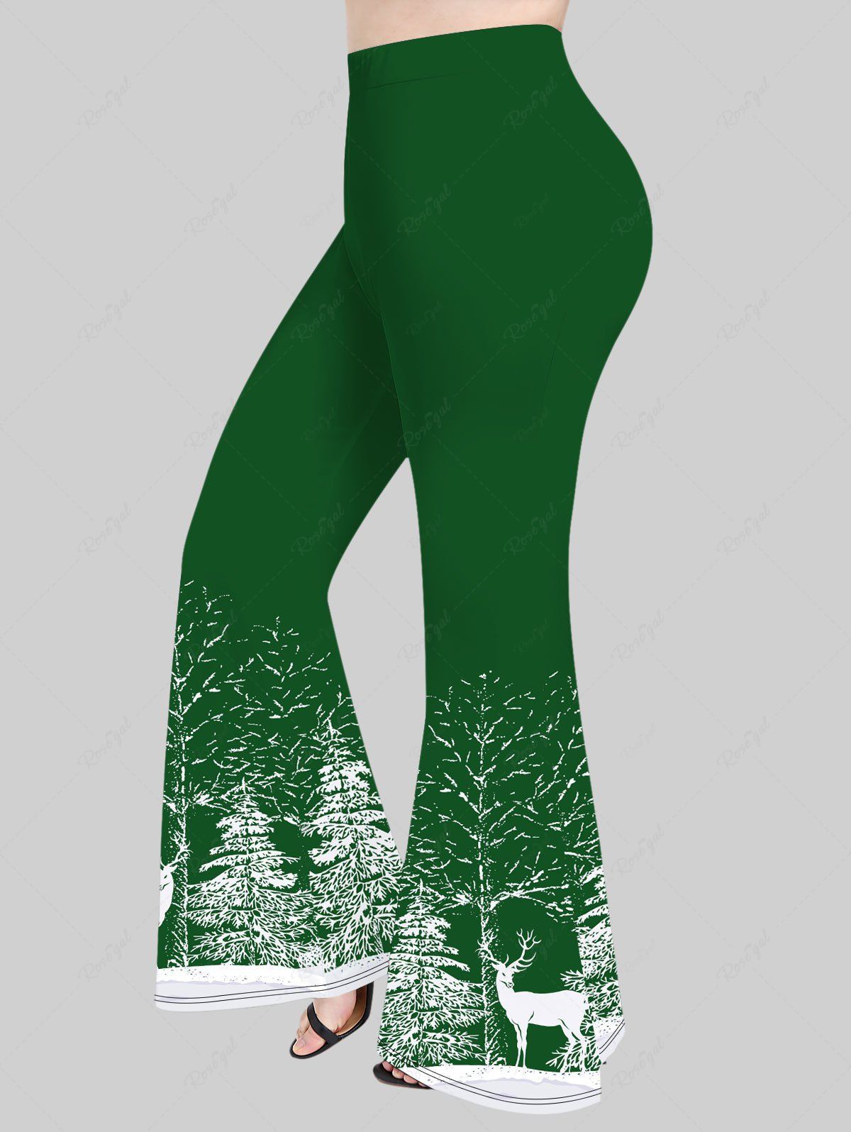 Pantalon Evasé Sapin de Noël et Flocon de Neige Imprimés de Grande Taille Vert profond M