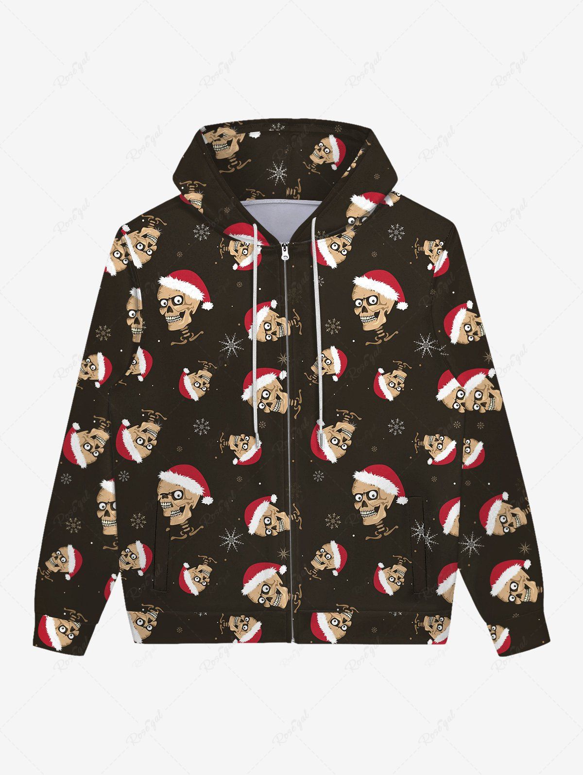 Discount Gothic Christmas Hat Skulls Snowflake Print Zipper Pocket Drawstring Hoodie For Men  