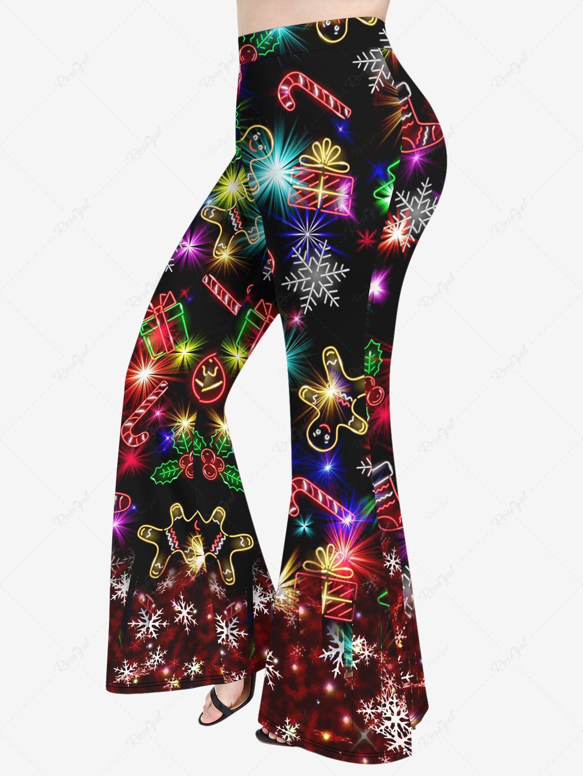 Trendy Plus Size Glitter Sparkling Christmas Tree Light Ball Snowflake Candy Gingerbread Print Pull On Ombre Disco Flare Pants  