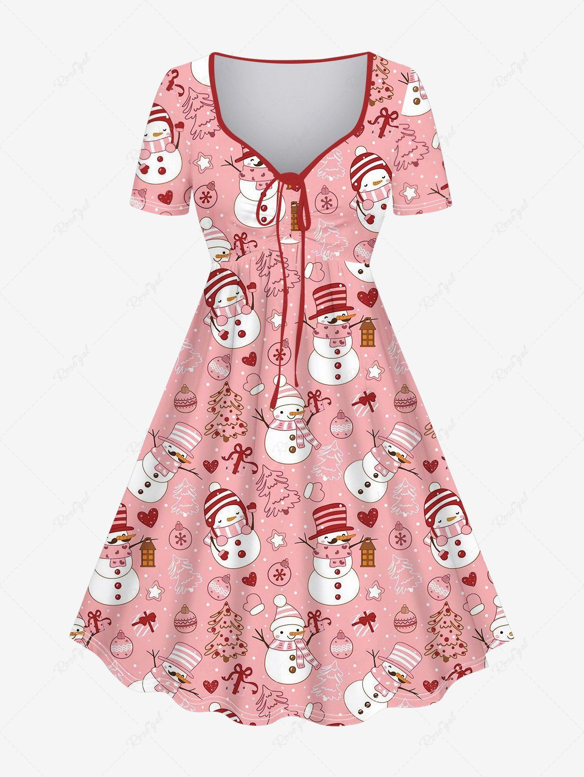Discount Plus Size Christmas Tree Ball Heart Glove Snowman Gift Box Stars Print Cinched A Line Dress  