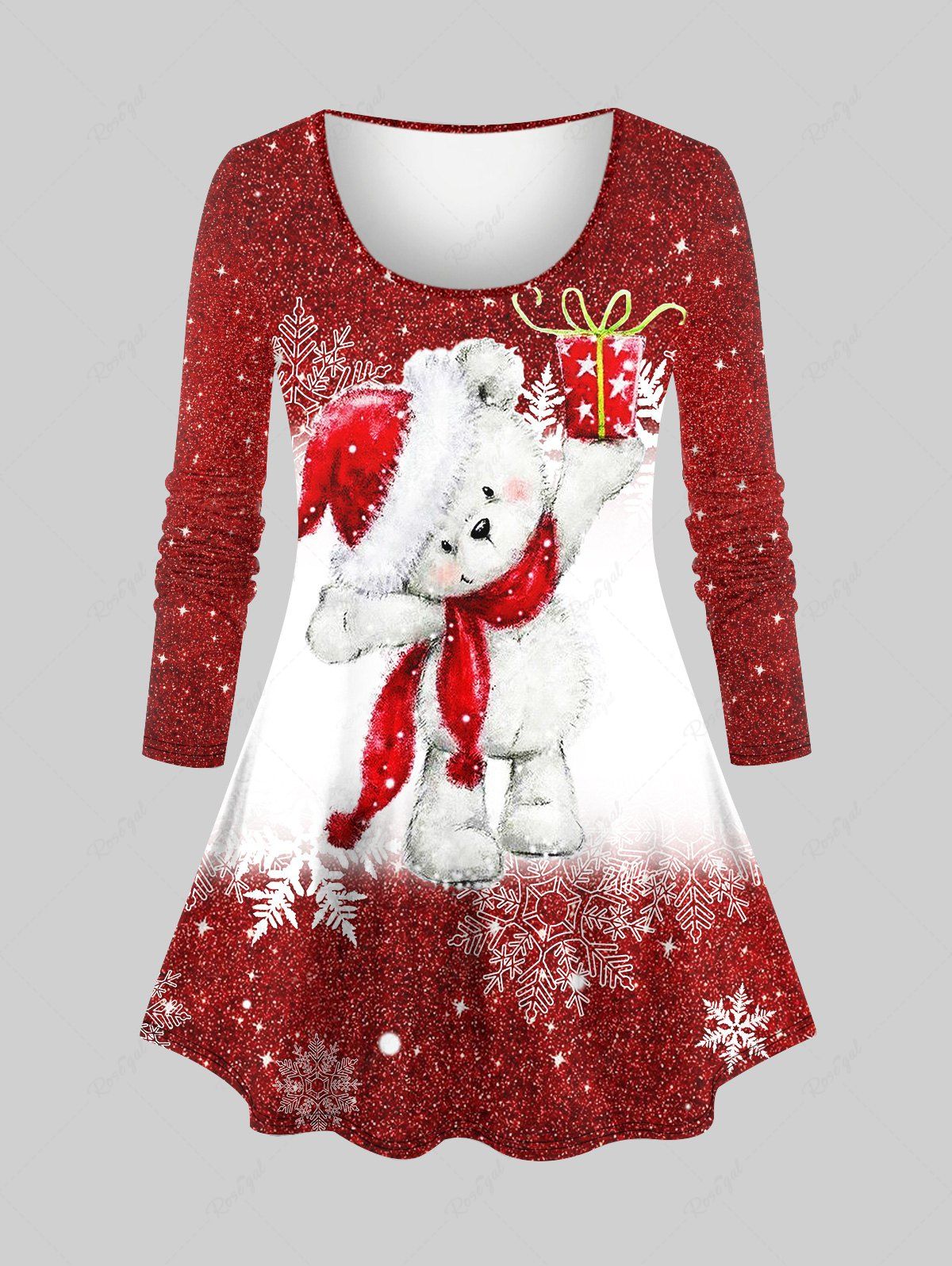 Plus Size Glitter Sparkling Christmas Hat Bear Snowflake Gift Box Sequins Print Long Sleeves T-shirt Rouge 5X