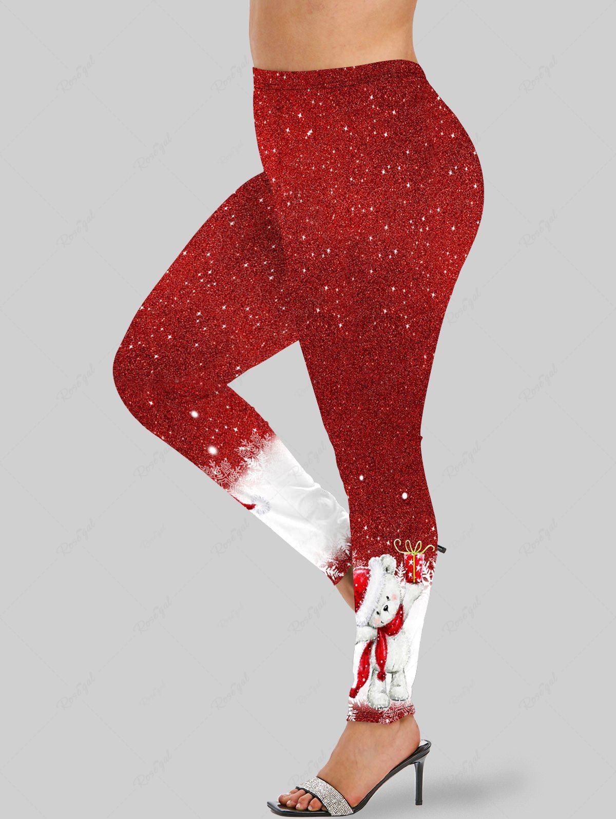 Cheap Plus Size Glitter Sparkling Christmas Hat Bear Snowflake Gift Box Sequins Print Skinny Leggings  