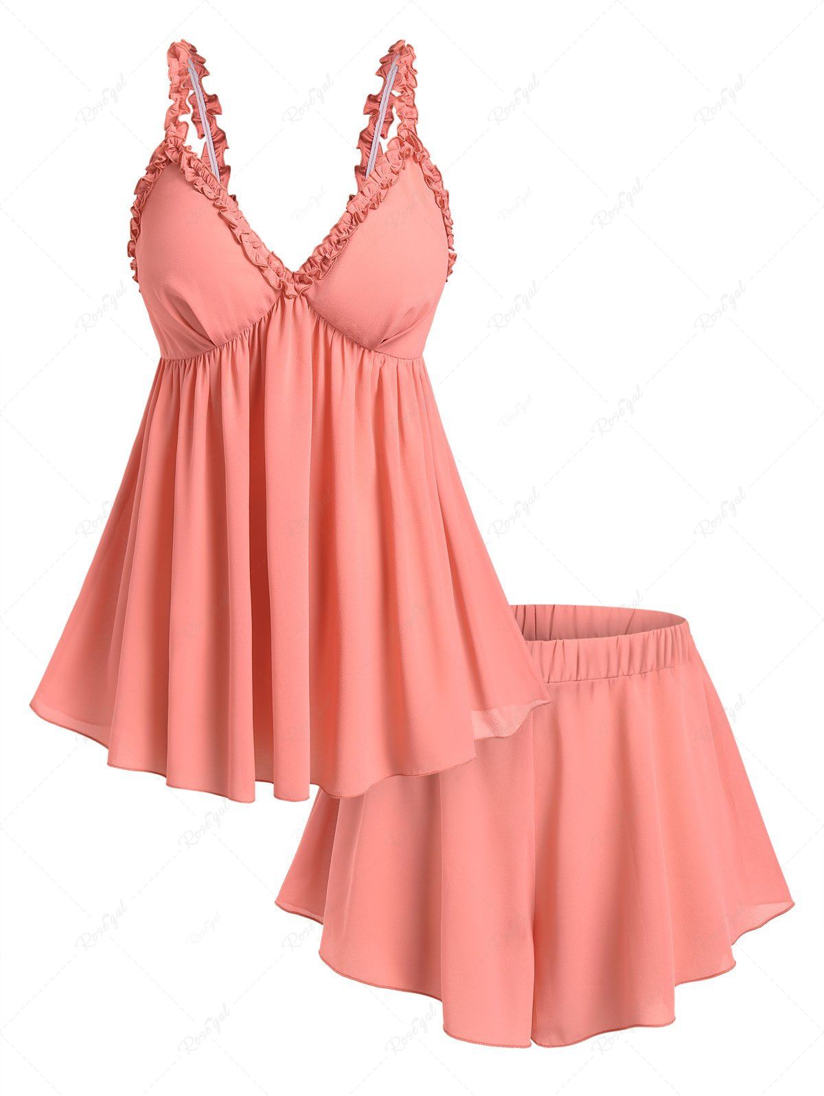 Chic Plus Size Ruffles Ruched Low Cut Solid Pajama Shorts Set  