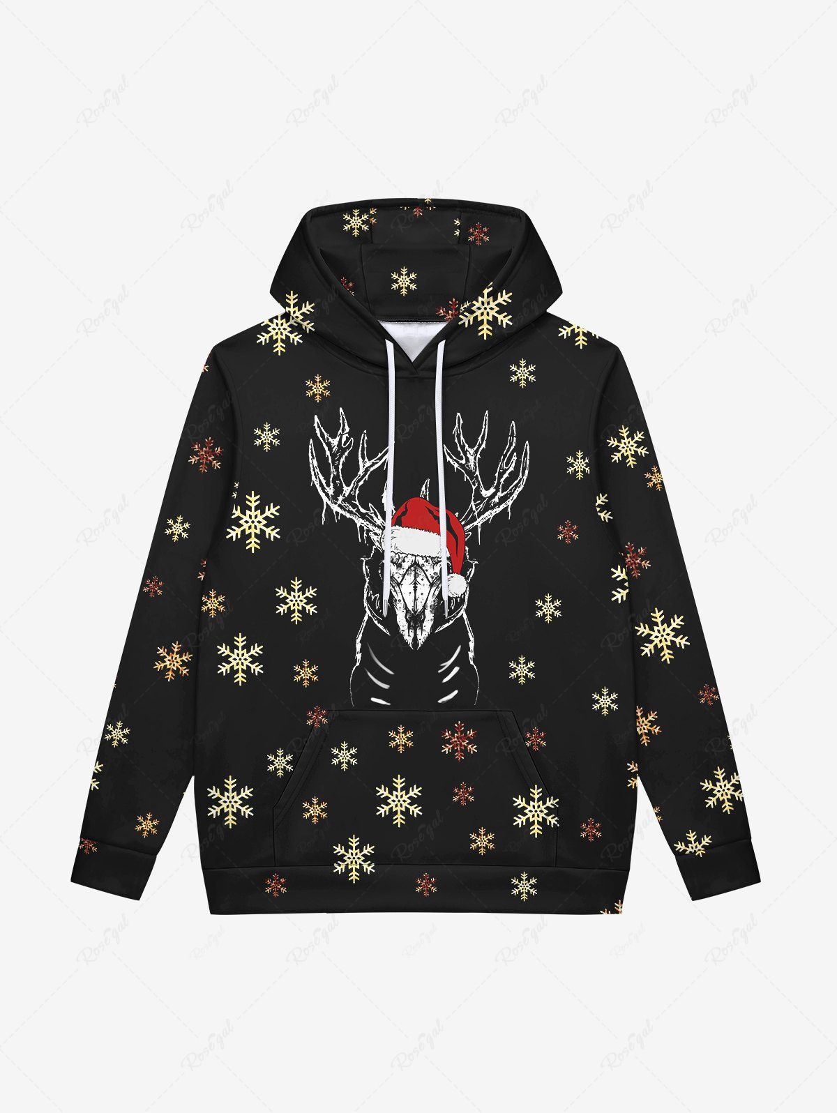 Affordable Gothic Christmas Hat Snowflake Elk Print Pocket Drawstring Pullover Fleece Lining Long Sleeves Hoodie For Men  