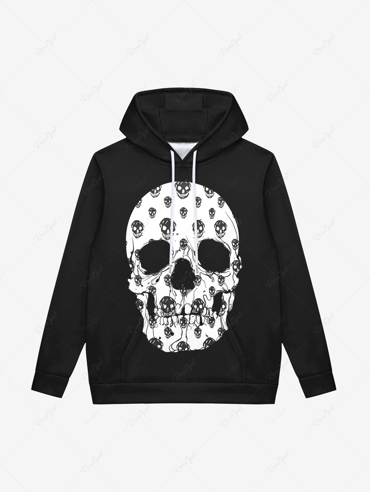 Outfits Gothic Skulls Print Pocket Drawstring Fleece Lining Pullover Long Sleeves Hoodie For Men  