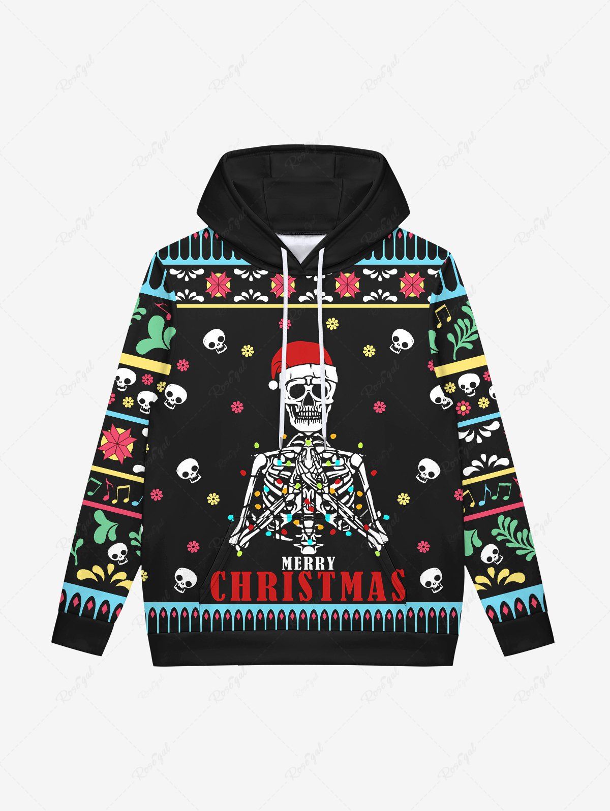 Outfits Gothic Christmas Hat Skull Skeleton Snowflake Striped Print Pocket Drawstring Fleece Lining Pullover Hoodie For Men  