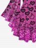 Plus Size Heart Sparkling Sequin Glitter 3D Print Lattice Crisscross Flare Sleeve Top -  