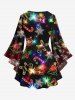 Plus Size Glitter Sparkling Christmas Tree Light Ball Bell Snowflake Candy Gingerbread Print Flare Sleeves Lattice Ombre Top -  