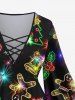 Plus Size Glitter Sparkling Christmas Tree Light Ball Bell Snowflake Candy Gingerbread Print Flare Sleeves Lattice Ombre Top -  