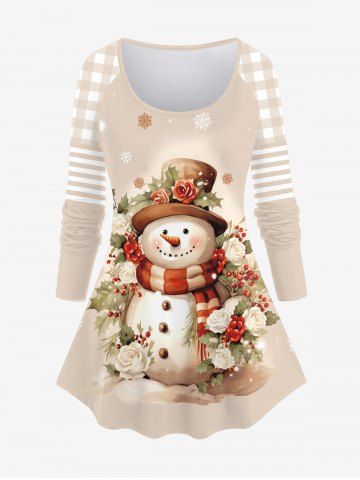 Plus Size Christmas Snowman Snowflake Rose Flowers Striped Checkered Plaid Colorblock Print Raglan Sleeve T-shirt - LIGHT COFFEE - 4X