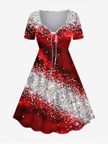 Plus Size Ombre Colorblock Glitter Sparkling Sequin 3D Print Cinched Party Dress - DEEP RED - S