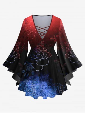 Plus Size Flare Sleeves Glitter Rose Flower Print Ombre Lattice Top - DEEP RED - XS