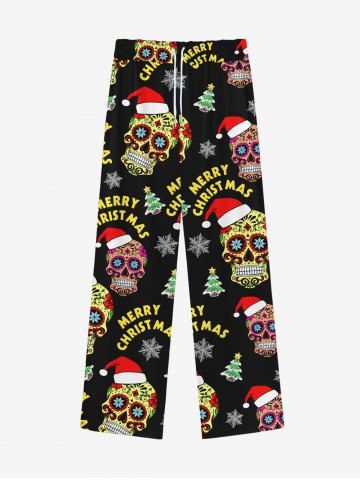 Gothic Christmas Tree Snowflake Hat Skulls Print Drawsting Wide Leg Sweatpants For Men - BLACK - 3XL