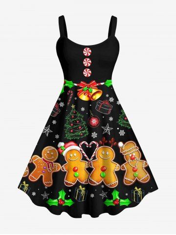 Plus Size Christmas Tree Bell Gift Candy Star Snowflake Gingerbread Print Tank Dress - BLACK - XS