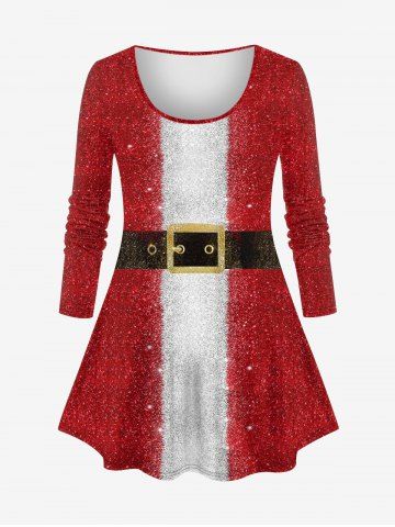 Plus Size Christmas Colorblock Glitter Sparkling Sequin Grommets Buckle Belt 3D Print Santa Clause Long Sleeve T-shirt - RED - XS