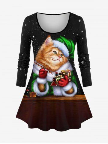 Plus Size Glitter Sparkling Galaxy Snowflake Christmas Hat Cat Print Long Sleeves T-shirt - BLACK - S