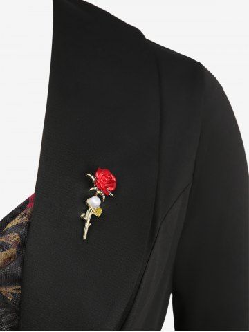 Plus Size Flowers Print Surplice Asymmetric Mesh Lapel Collar 2 In 1 Top With Rose Brooch