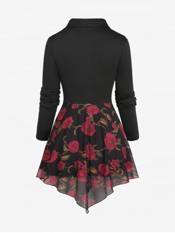 Plus Size Flowers Print Surplice Asymmetric Mesh Lapel Collar 2 In 1 Top With Rose Brooch