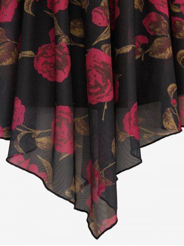 Plus Size Flowers Print Surplice Asymmetric Mesh Lapel Collar 2 In 1 Top With Rose Brooch