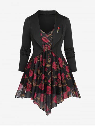 Plus Size Flowers Print Surplice Asymmetric Mesh Lapel Collar 2 In 1 Top With Rose Brooch