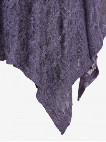 Plus Size Flare Sleeves Uneven Floral Lace Embroidered Ruched Tied Tassel Patchwork Grommet Handkerchief Top