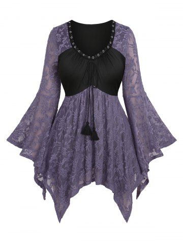 Plus Size Flare Sleeves Uneven Floral Lace Embroidered Ruched Tied Tassel Patchwork Grommet Handkerchief Top - PURPLE - 1X | US 14-16
