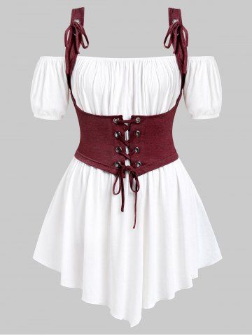 Plus Size Ruched Off Shoulder  Asymmetrical Tee With Grommets Lace Up Marled Waistcoat - WHITE - M | US 10