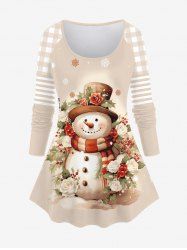 Plus Size Christmas Snowman Snowflake Rose Flowers Striped Checkered Plaid Colorblock Print Raglan Sleeve T-shirt -  