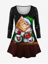 Plus Size Glitter Sparkling Galaxy Snowflake Christmas Hat Cat Print Long Sleeves T-shirt -  