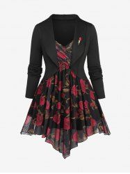Plus Size Flowers Print Surplice Asymmetric Mesh Lapel Collar 2 In 1 Top With Rose Brooch -  