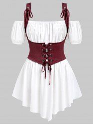 Plus Size Ruched Off Shoulder  Asymmetrical Tee With Grommets Lace Up Marled Waistcoat -  