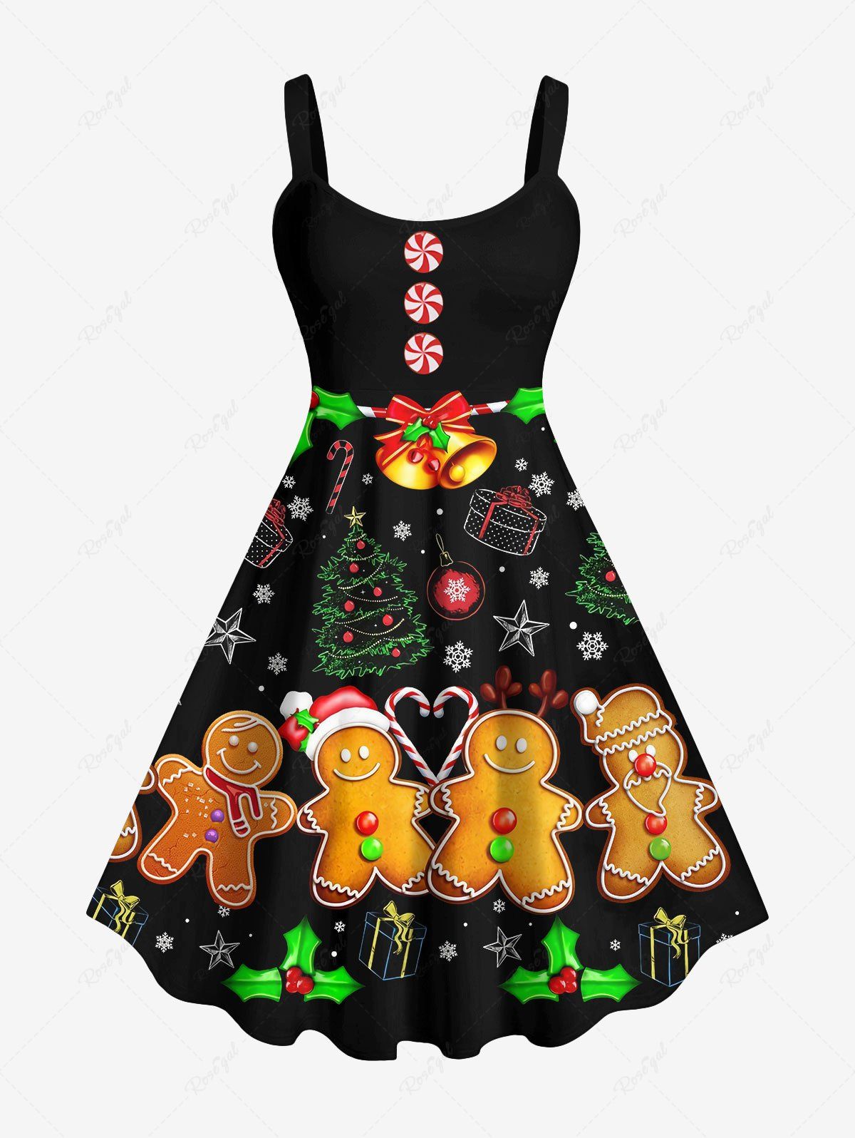 Fashion Plus Size Christmas Tree Bell Gift Candy Star Snowflake Gingerbread Print Tank Dress  