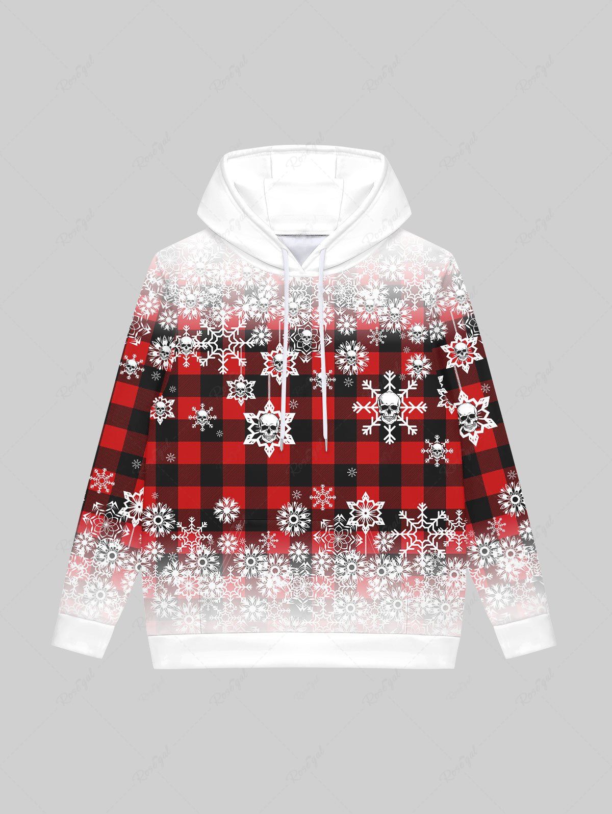 Chic Gothic Christmas Snowflake Plaid Ombre Colorblock Skull Print Drawstring Fleece Lining Hoodie For Men  