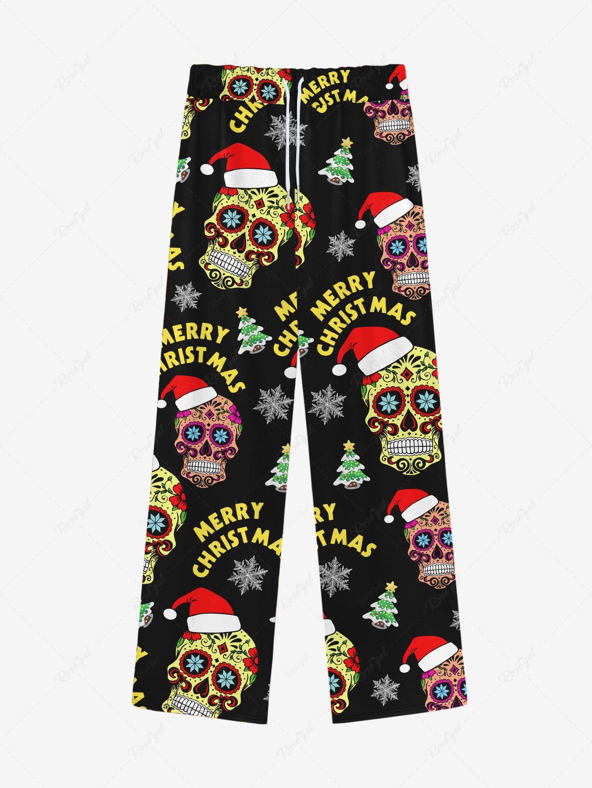 Discount Gothic Christmas Tree Snowflake Hat Skulls Print Drawsting Wide Leg Sweatpants For Men  
