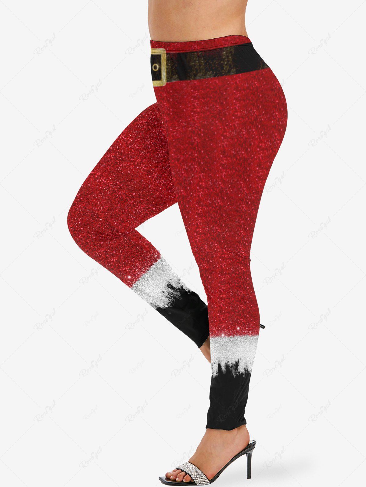 Affordable Plus Size Christmas Colorblock Sparkling Sequin Glitter Buckle Belt 3D Print Santa Clause Leggings  