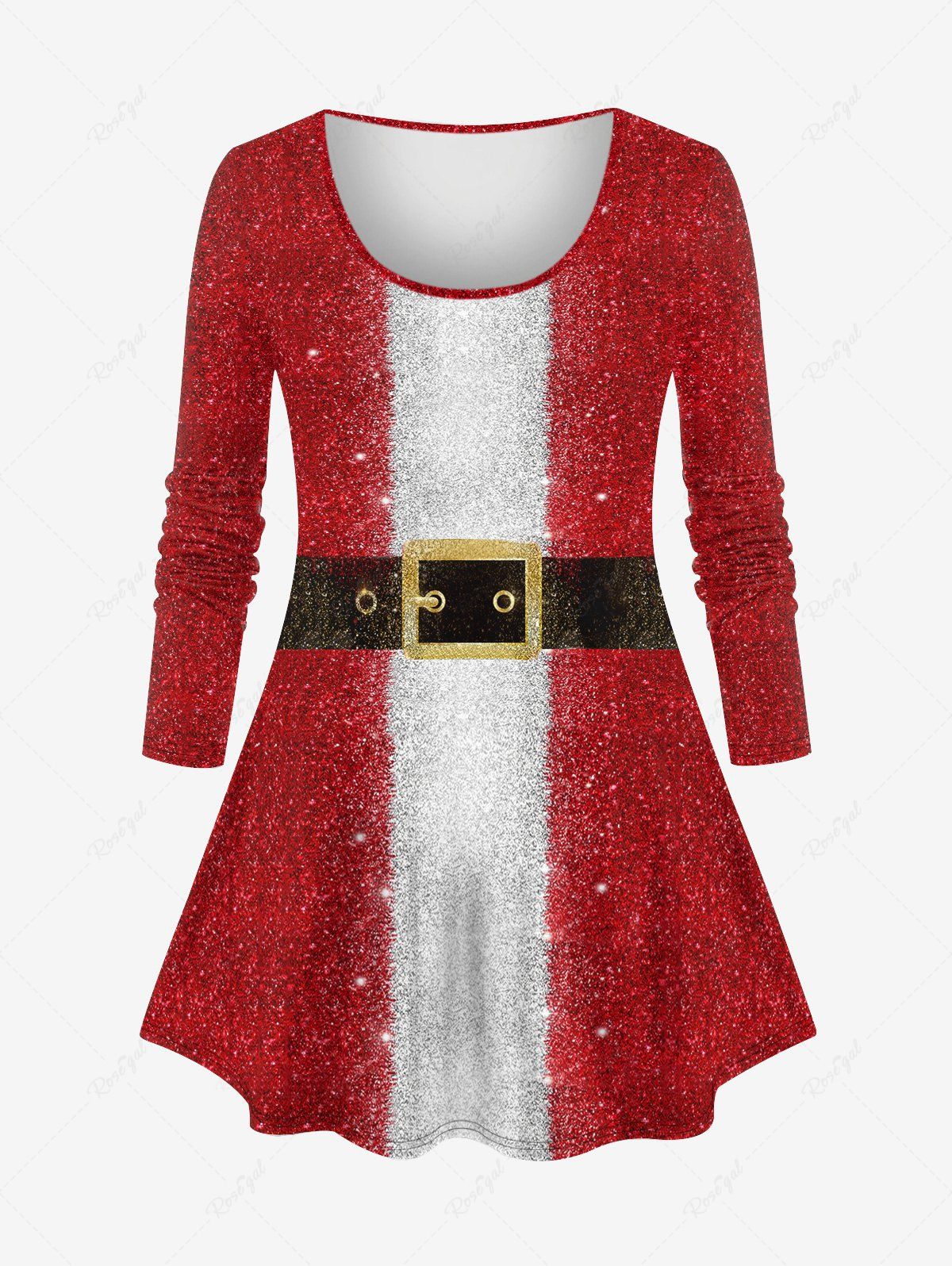 Affordable Plus Size Christmas Colorblock Glitter Sparkling Sequin Grommets Buckle Belt 3D Print Santa Clause Long Sleeve T-shirt  