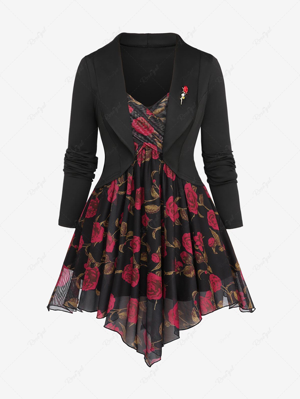 Buy Plus Size Flowers Print Surplice Asymmetric Mesh Lapel Collar 2 In 1 Top With Rose Brooch  