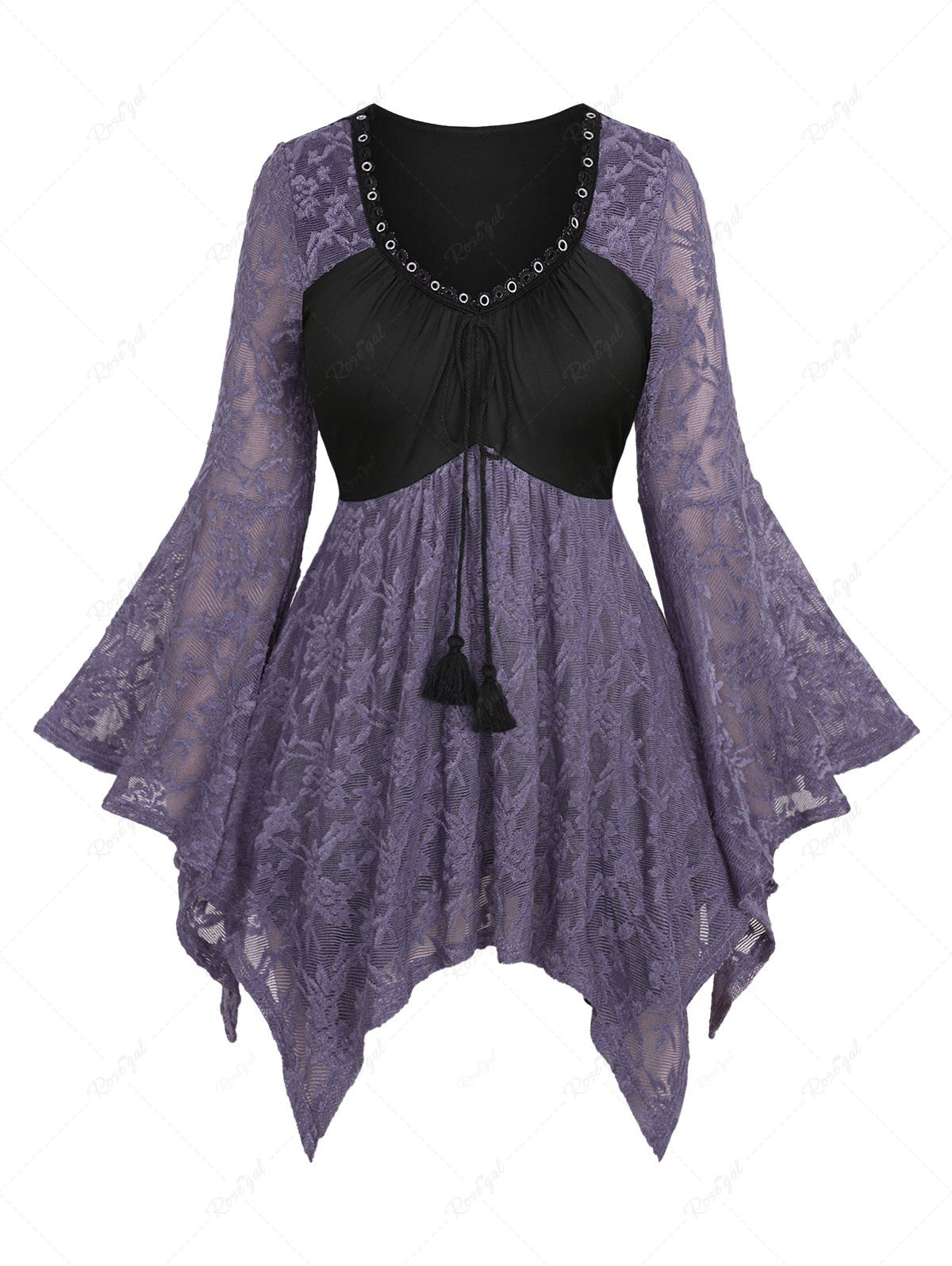 Unique Plus Size Flare Sleeves Uneven Floral Lace Embroidered Ruched Tied Tassel Patchwork Grommet Handkerchief Top  