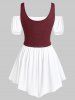 Plus Size Ruched Off Shoulder  Asymmetrical Tee With Grommets Lace Up Marled Waistcoat -  