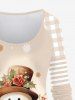 T-shirt à Carreaux à Manches Raglan Grande Taille Imprimé Bonhomme de Neige - café lumière 6X