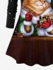 Plus Size Glitter Sparkling Galaxy Snowflake Christmas Hat Cat Print Long Sleeves T-shirt -  