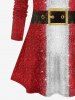 Plus Size Christmas Colorblock Glitter Sparkling Sequin Grommets Buckle Belt 3D Print Santa Clause Long Sleeve T-shirt -  