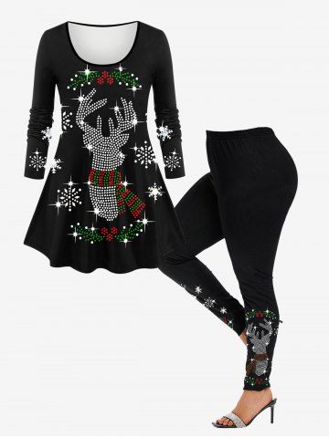 Glitter Sparkling Christmas Elk Snowflake Printed Long Sleeves T-shirt and Skinny Leggings Plus Size Matching Set - BLACK