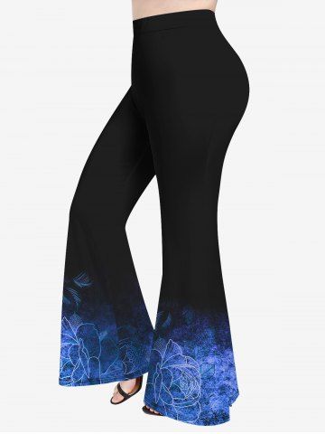 Plus Size Glitter Ombre Rose Flower Print Pull On Flare Pants - BLUE - 2X