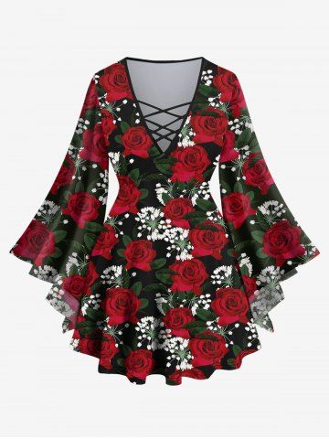 Plus Size Rose Flowers Leaf Print Lattice Crisscross Flare Sleeve T-shirt - RED - S